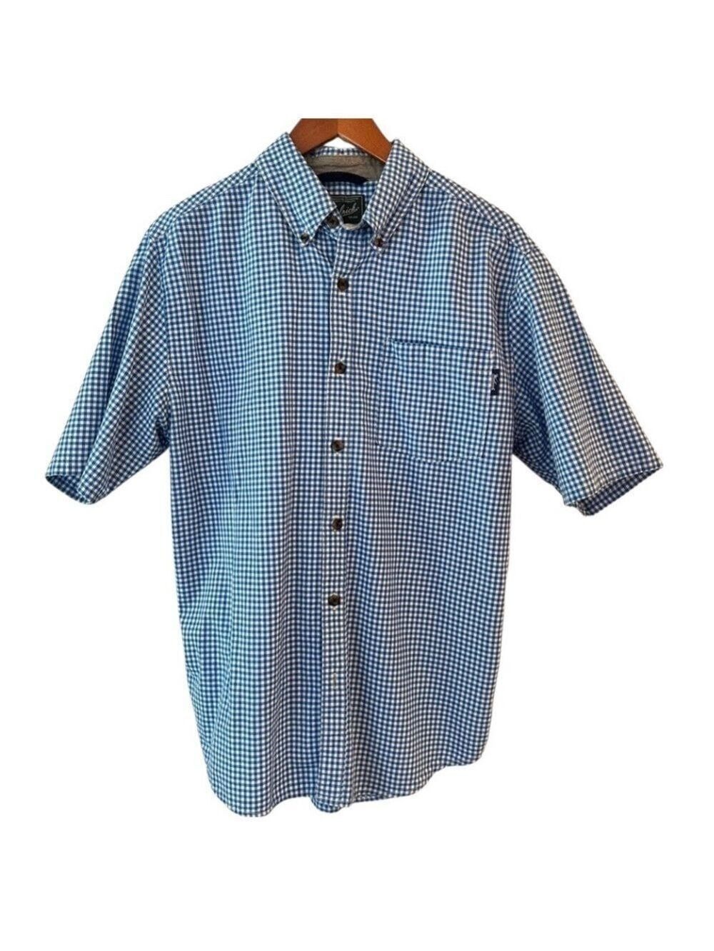 WOOLRICH GINGHAM POPLIN BLUE & WHITE SS SHIRT PATCH POCKET W/ LOGO SZ MEDIUM